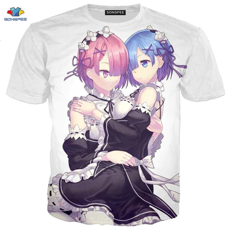 Футболка SONSPEE мужская с коротким рукавом модная рубашка аниме Re:zero Twin Ram Rem костюм