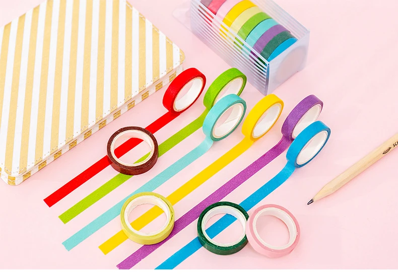 Candy Rainbow Color Washi Masking Tape Sticky Decorative Paper Tape Set DIY Decoration Office Stationery Scrapbook 10PCS/Bag