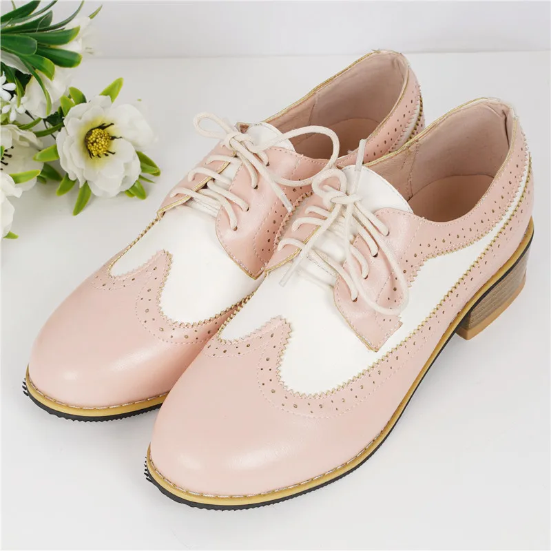 Agodor 2020 Fashion Women Oxfords Shoes Low Heel Brogues Round Toe Lace