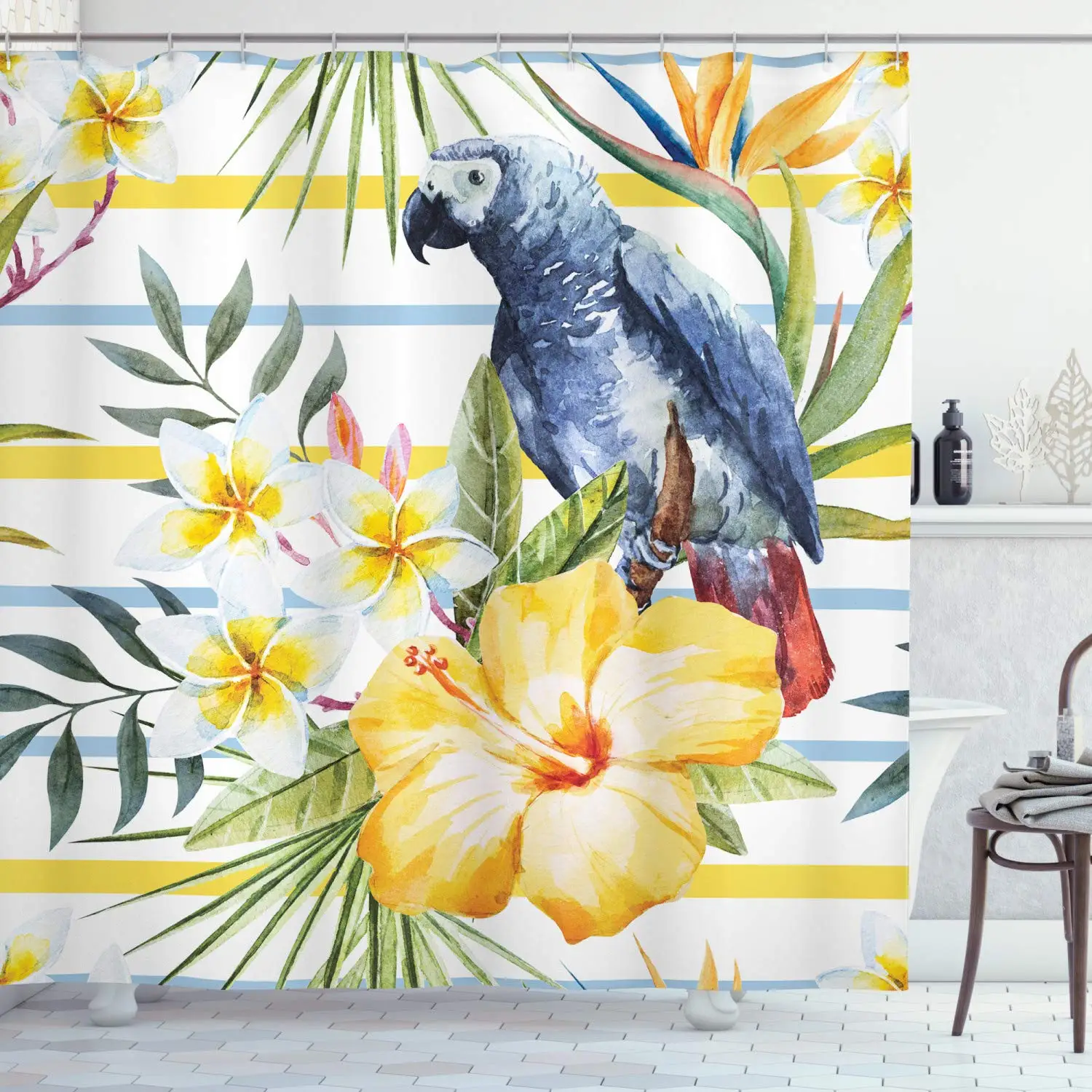 

Parrot Shower Curtain, Tropic Pattern with Parrot Orchids and Hibiscus Flowers Hawaiian Jungle Style Image, Cloth Fabric