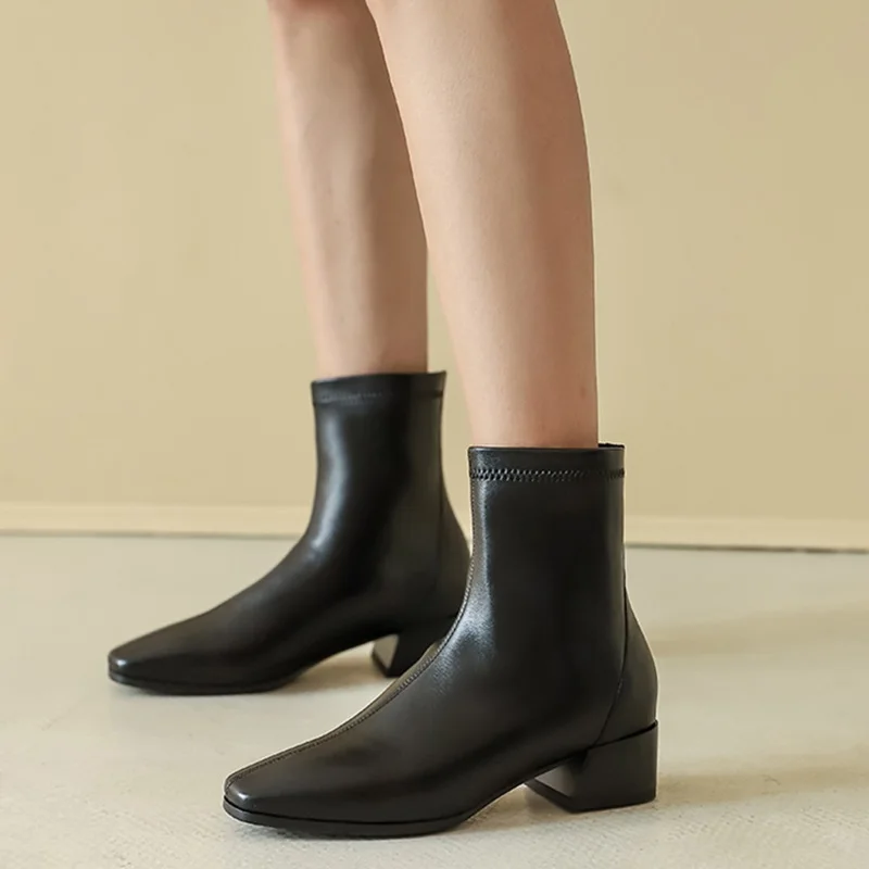 

Genuine Leather Women Ankle Boots Flock Sock Boots Square Heel Slip-on Spring/Autumn Women Short Boots High Heels Shoes