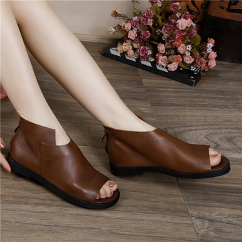 

Women Leather Sandals Low Heels Summer Shoes Peep Toe For Women Soft Genuine Leather Sandals Boot Women Handmade Casual Shoes