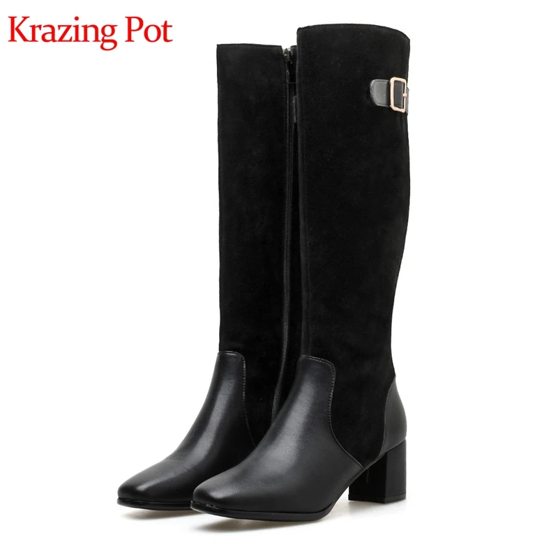 

Krazing pot genuine leather square toe high heels zipper Limited customization buckle fasteners keep warm knee-high boots L16