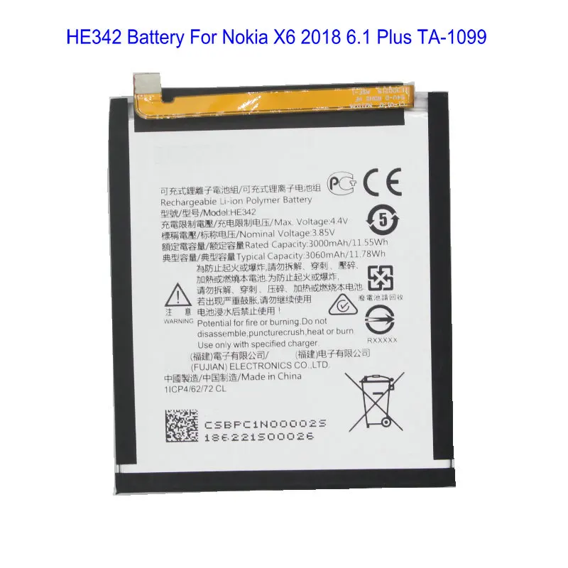 1x HE342 3060mAh /11.78Wh Сменный аккумулятор для Nokia X6 2018 6 1 Plus TA 1099 1109 X5 5 + набор инструментов