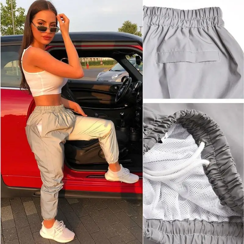 

Autumn Silver Reflective Sweatpants Big Size 2019 Hippie Women's Solid High Waist Pants Streetwear Hip Hop Joggers Trackpants