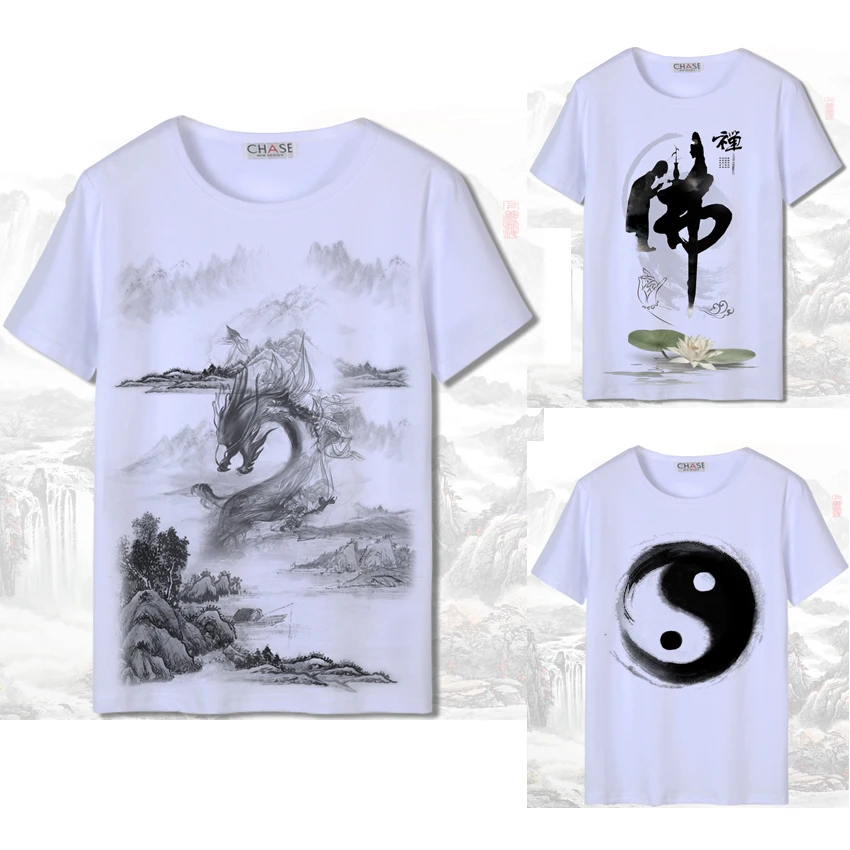 Мужская футболка с коротким рукавом и 3D принтом в китайском стиле, белая футболка Харадзюку, рисунок с чернилами, национальный дракон, Женский японский хлопковый костюм Тан