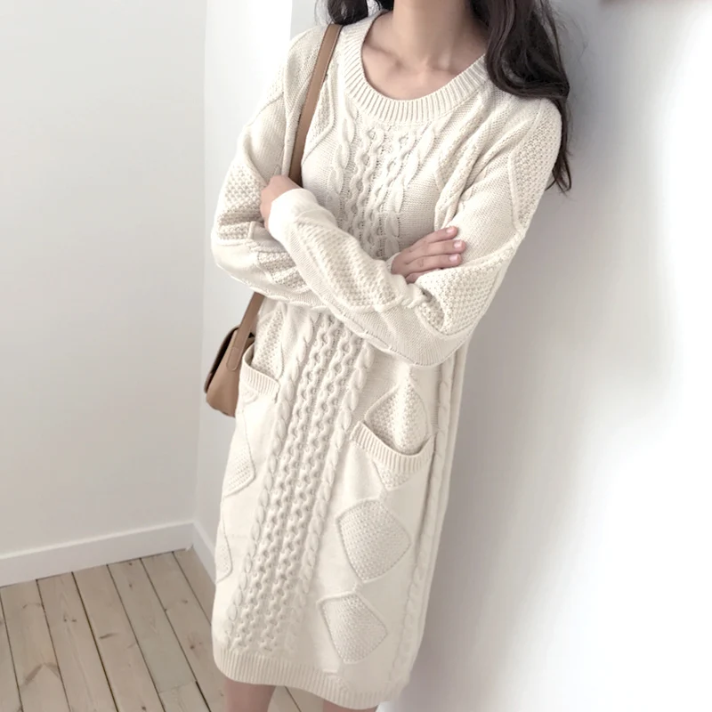 

Crochet Winter Sweater Women Pullover Long Sleeve o Neck Long Sweater Dress Female Fashion Knitted Pullovers Dress Women Clothes