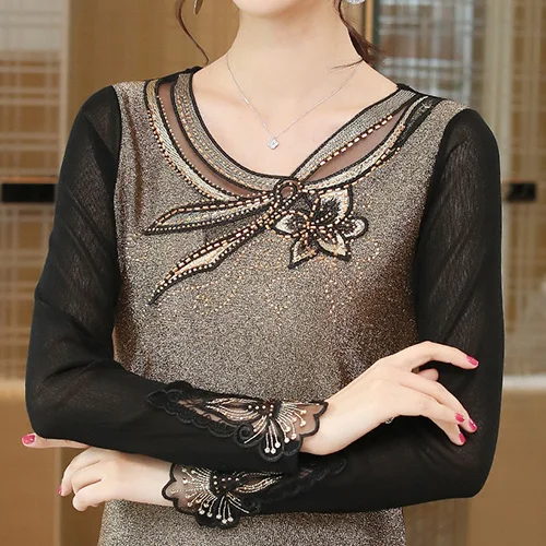 Blusas mujer de moda, осенне-зимняя блузка с длинными рукавами, Женские топы и рубашки, элегантная тонкая женская блузка с бриллиантами, большие размеры - Цвет: Золотой