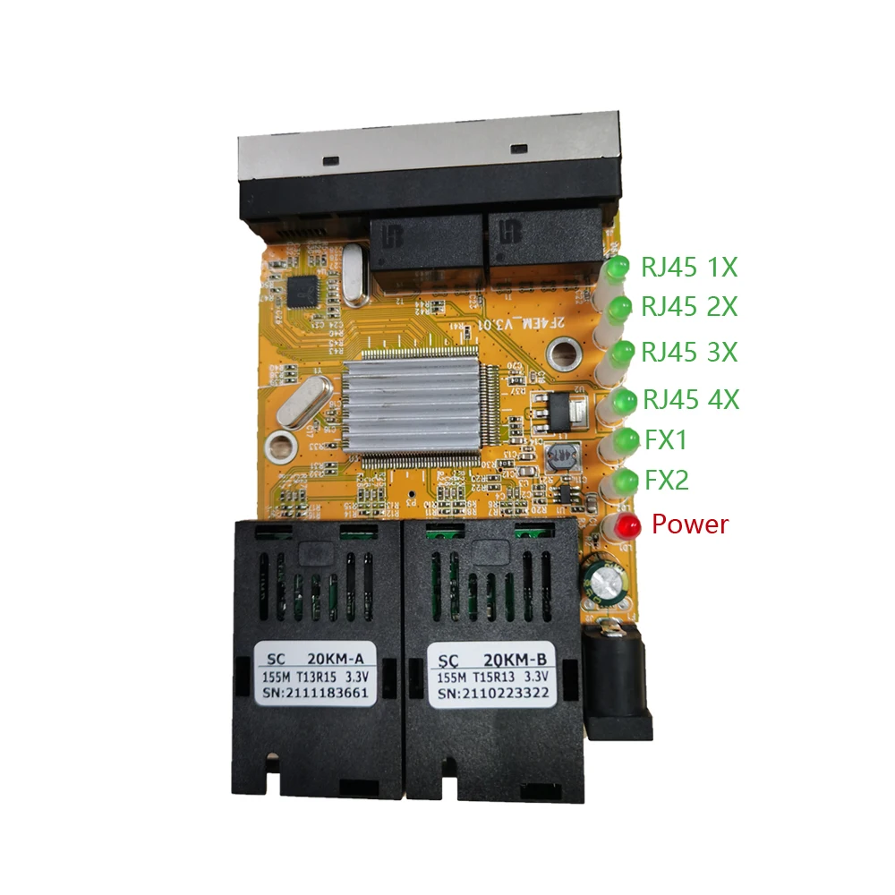 2F4E Reverse POE PCB Ethernet Switch Fiber Optical Media Converter Single Mode 4 RJ45 and 2 SC fiber Port 10/100M PCBA