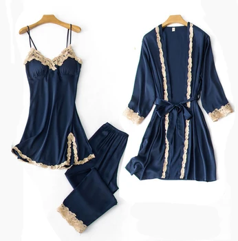

3PC Robe Sleep Suit Sexy Pajamas Gown Set Silky Women V-Neck Cami Nighties Wear Pijama Home Nightwear Lingerie Spring Chest Pads