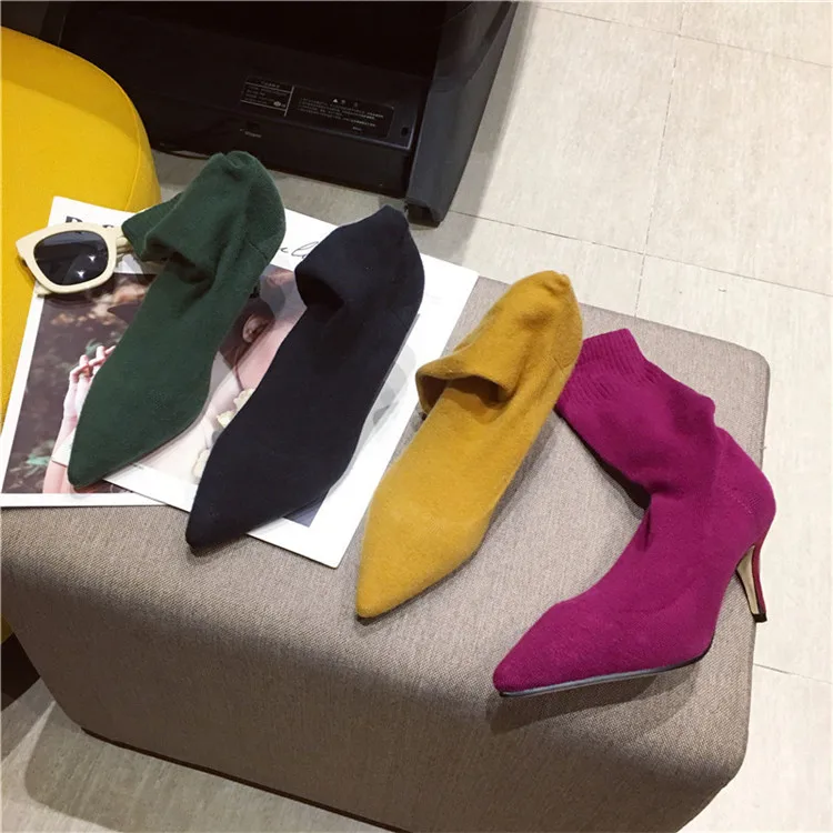 Женские сапоги до середины икры; эластичные тканевые носки; женская зимняя обувь; пикантная женская обувь на высоком каблуке; размеры 34-39; цвет красный, желтый, черный, зеленый