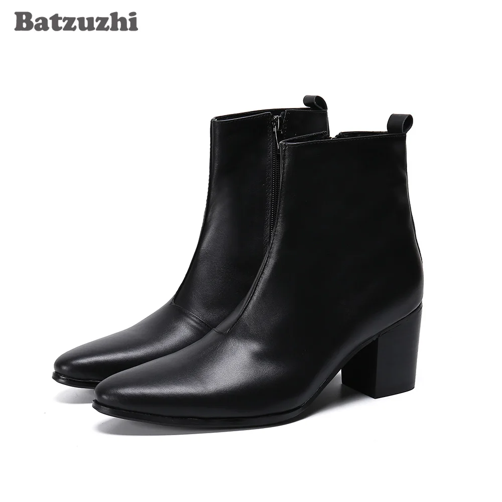 

Batzuzhi 7.5cm High Heels Men's Boots Pointed Toe Formal Black Leather Boots Men Business Gentleman botas hombre Party Footwear