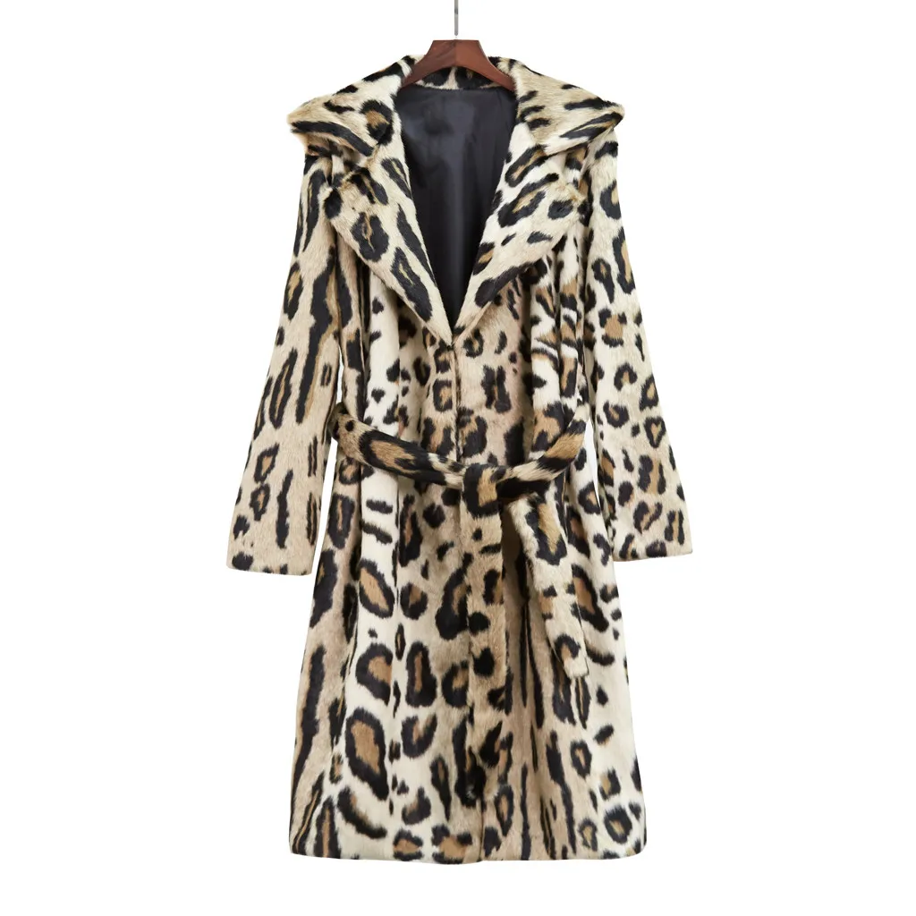 Горячие продукты женское модное леопардовое пальто с длинным рукавом и поясом длинное шерстяное пальто Прямая поставка скидка