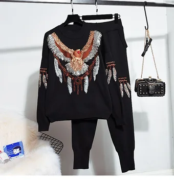 

High Quality Fashion Knitted Beading Eagle Sweater + Long Pencil Pants Women 2 Piece Set Loose Casual Knit 2pc Female