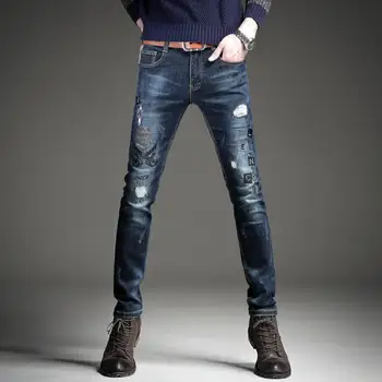 

Free Shipping 2019 New men's male denim pants jeans Embroidered slim skinny hot drilling pants autumn and winter trousers