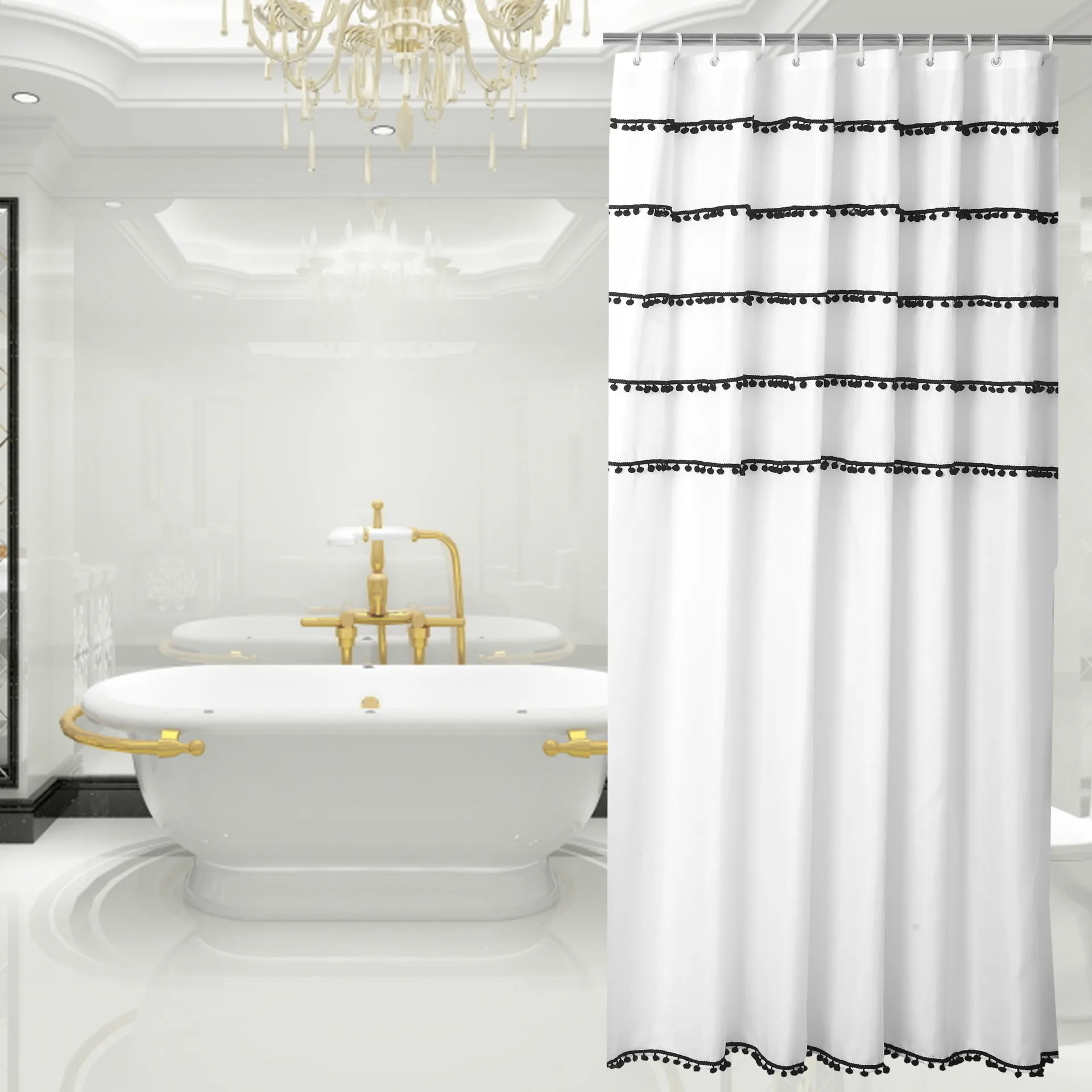 

Polyester Shower Curtain Waterproof White With Black Ball Lace Shower Curtains Bathroom Bath Curtains Screens Cortina