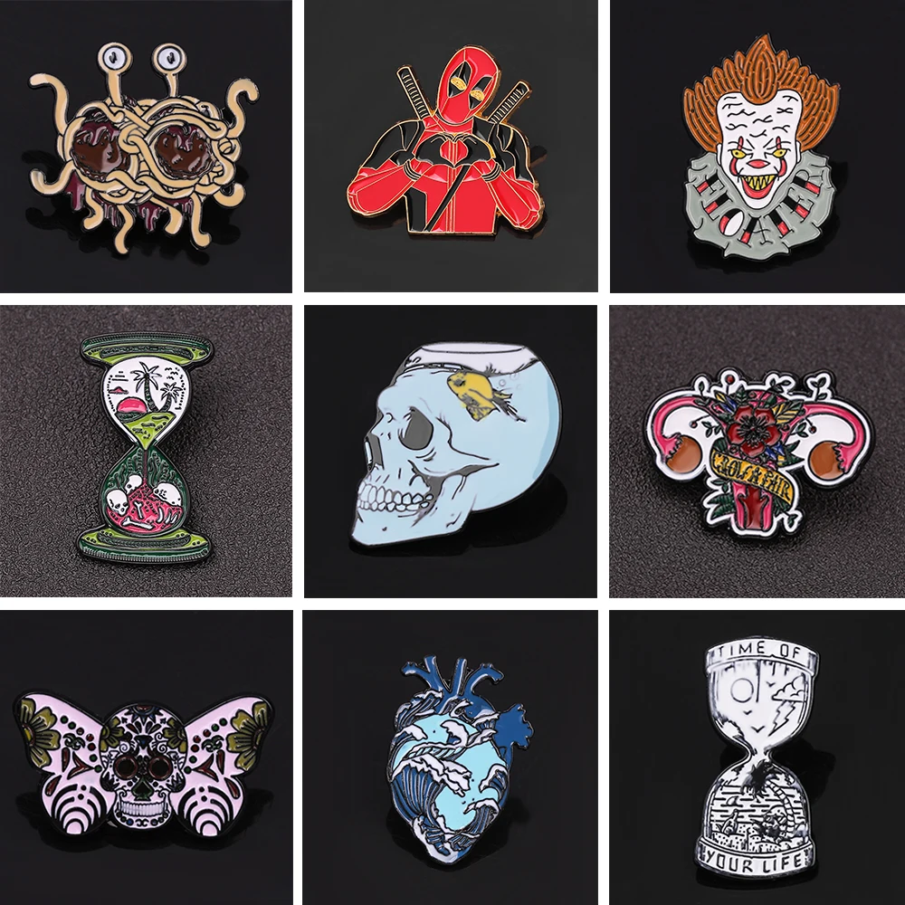 Punk Style Skeleton Love Heart Enamel Pins Self-deprecating Dark Punk Brooches Ocean Wave Whale Human Heart Lapel Pins Badges