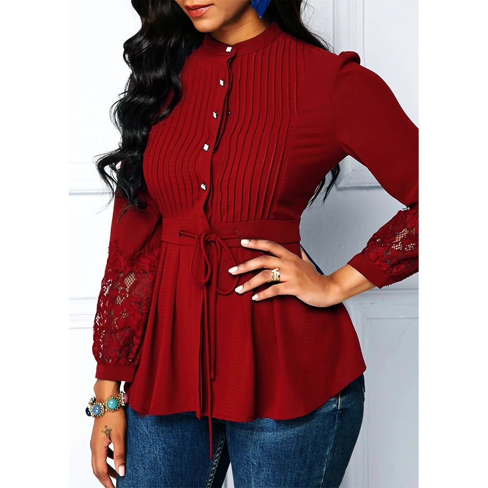 Sexy Hollow Out Lace Blouse And Shirt Women Casual Plus Size Long Sleeve Sashes Office Blousas Mujer De Moda Vintage Slim Tops - Image 3