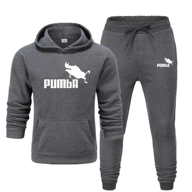 B-dark gray Новые модные мужские толстовки Пумба костюмы брендовый спортивный костюм для мужчин/женщин толстовки+ тренировочные брюки осень зима флис пуловер с капюшоном - Цвет: B-dark gray