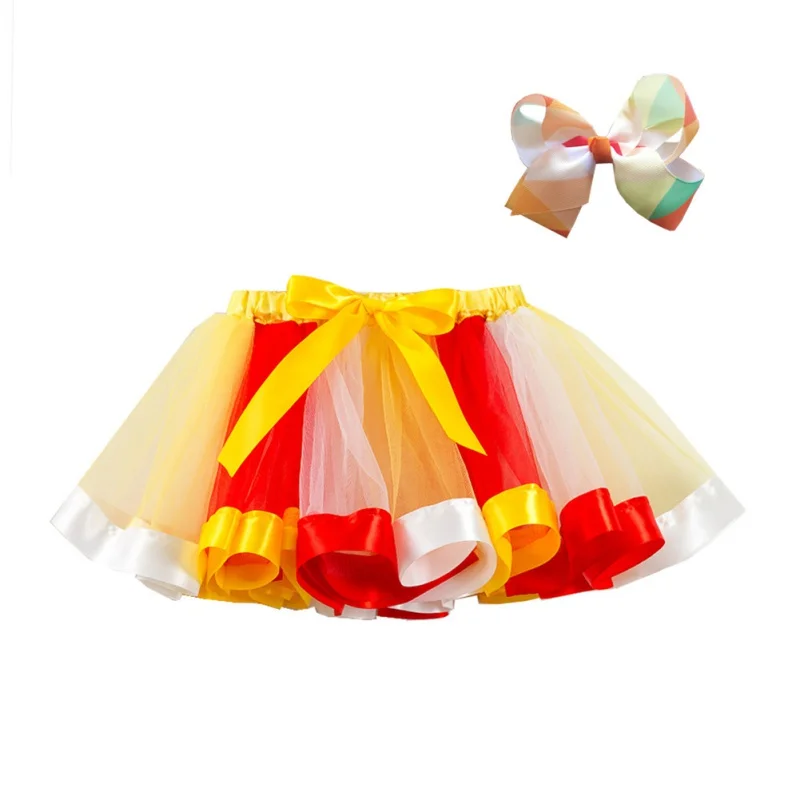 

Tutu Princess Girls Mesh Party Summer Clothes Rainbow Color Matching High Waist Skirt Short Pleated Sweet Skirt+Hairband