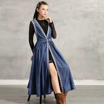 

2PCS Women's Denim Black Dress 2020 Autumn Vintage Embroidery Women O-neck Slim Dresses Long Sleeve Vestidos 2183