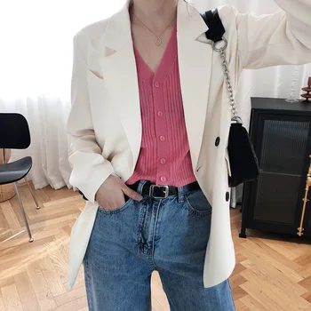 

2020 Women White Blazer Turn Down Collar Women Spring Tops Coat Long Sleeve Casaco Feminino Outwear Chic Tops For Women