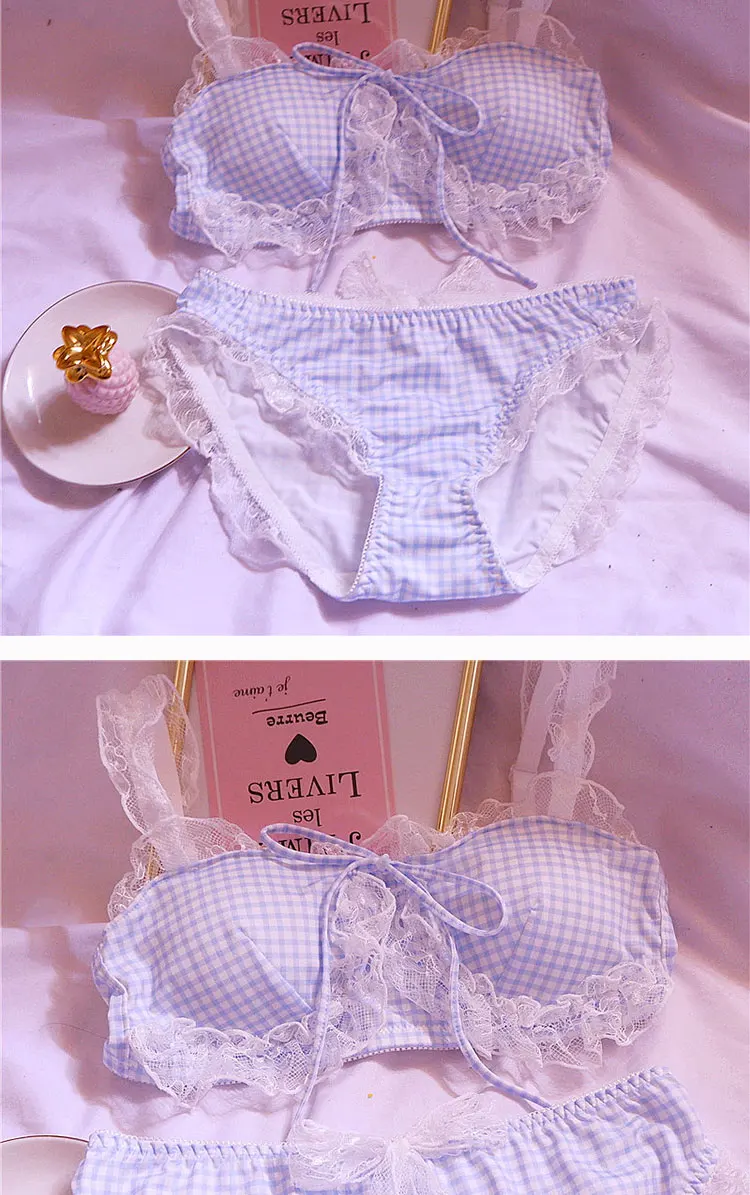 Girl Sweet Cute Wire Free Comfortable Bra Set Animie Lolita Women Underwear Suit Sexy Lace Plaid Kawaii Bra and Panty Set lace bra panty set