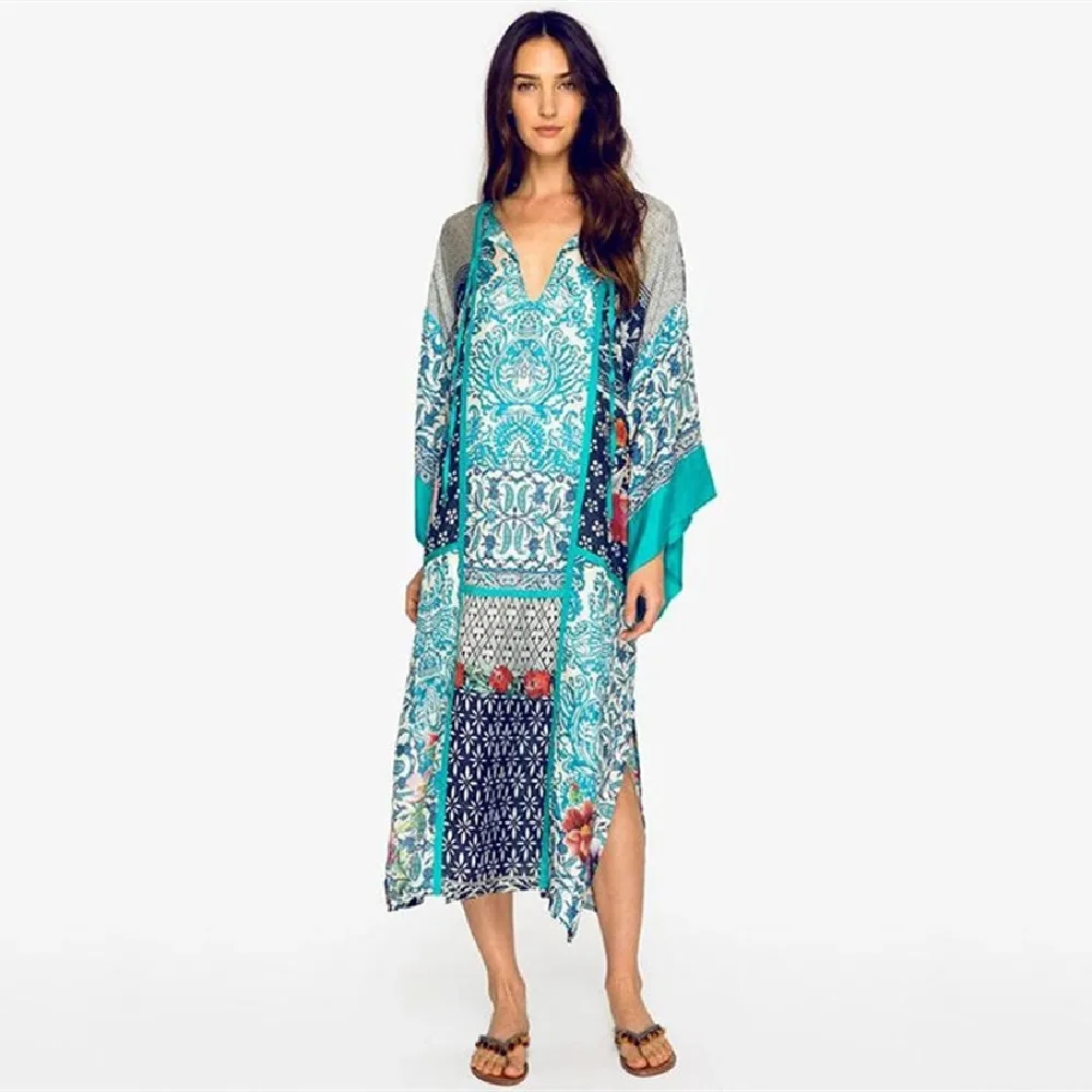 Cotton Beach Cover Dress Long Print Beach Tunic Pareo Women Beach