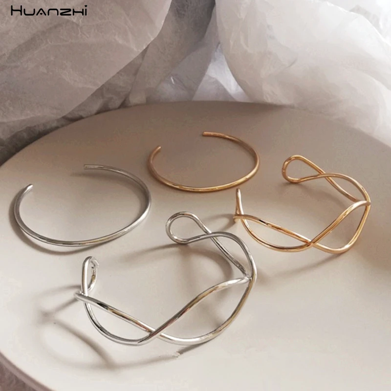 

HUANZHI 2019 Simple New Geometric Wave Double Layer Hollow Opening Metal Bracelet Bangle for Women Party Wedding Girls Vacation