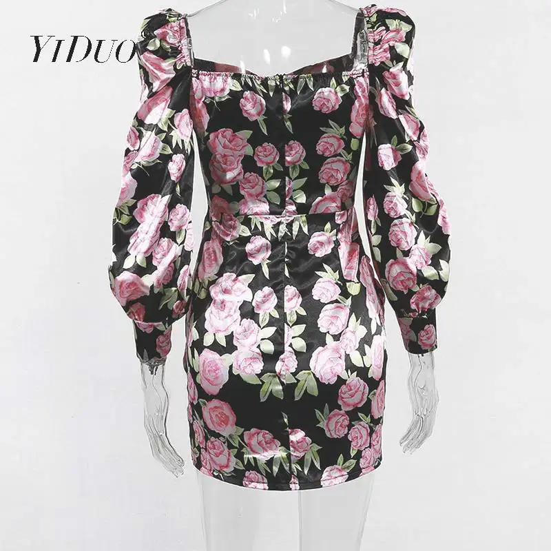 YiDuo винтажное женское облегающее платье с цветочным принтом рукавами фонариками