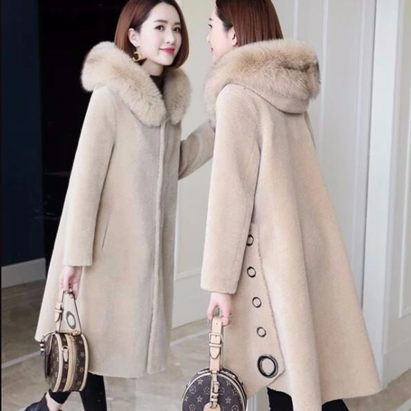 Granular Sheep Shearing Coat Women's Mid-Length 2023 Winter New Fox Fur Hooded All-In-One Faux Fur Clothing Jacket L33