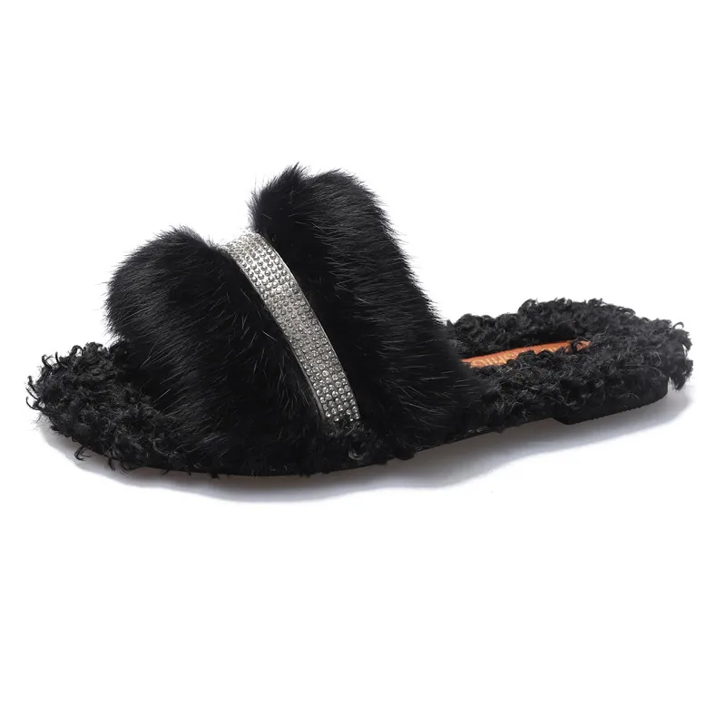 Высококачественные тапочки из натуральной овчины; Модные женские зимние тапочки; женские теплые домашние тапочки; Мягкая шерстяная женская домашняя обувь - Цвет: Black1