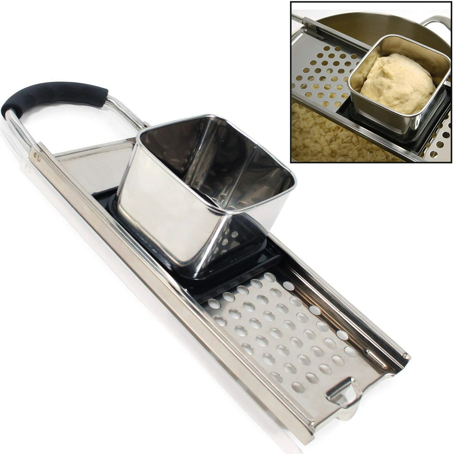 Stainless Steel Spaetzle Maker Lid with Scraper Traditional German Egg Noodle Maker Pan Pot Spaghetti Strainer
