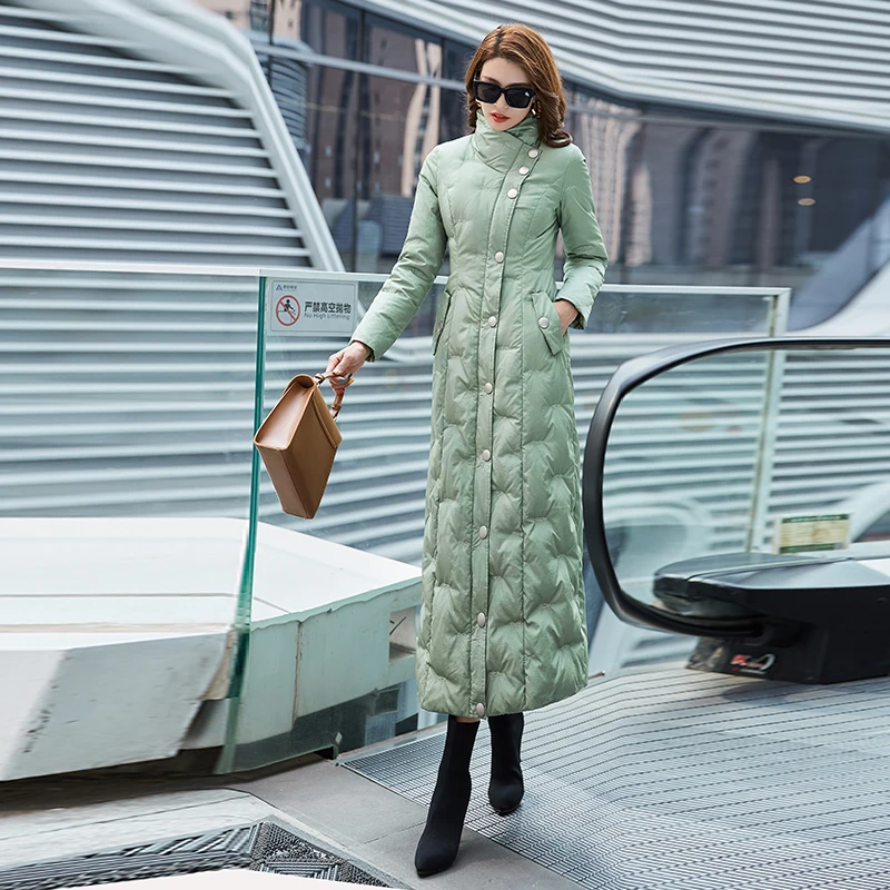 

Avocado green down jacket female long new winter 2019 accept waist white duck down to the ankle collar coat. "6004