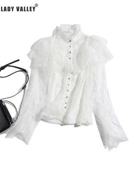 

Cloak-style double-layer ruffled sexy hollow lace shirt ladies spring temperament wild fashion tops
