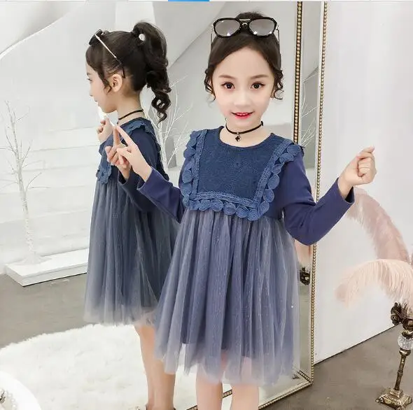 Весенние платья для девочек, модные детские вечерние платья высокого качества, детское платье из тюля с длинными рукавами и кружевом