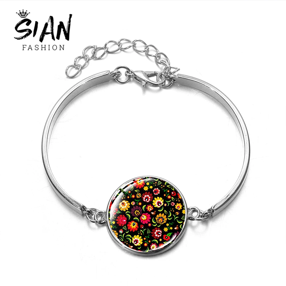 SIAN 2019 New Polish Folk Art Patterns Chain Bracelet Classical Flowers Print Glass Dome Silver Plated Bracelets Bangles r Girls | Украшения
