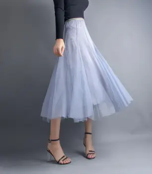 

Mesh Skirt 3 Layers Princess Tulle Skirts Womens Pleated A-line Saia Female Jupe Tutu Maxi Long Skirts Faldas Mujer