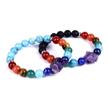 

7 Chakra Bracelet Handmade DIY Irregular Amethyst Raw Stone Round Beaded Bracelets Agate Reiki Natural Stone Men Women Jewelry
