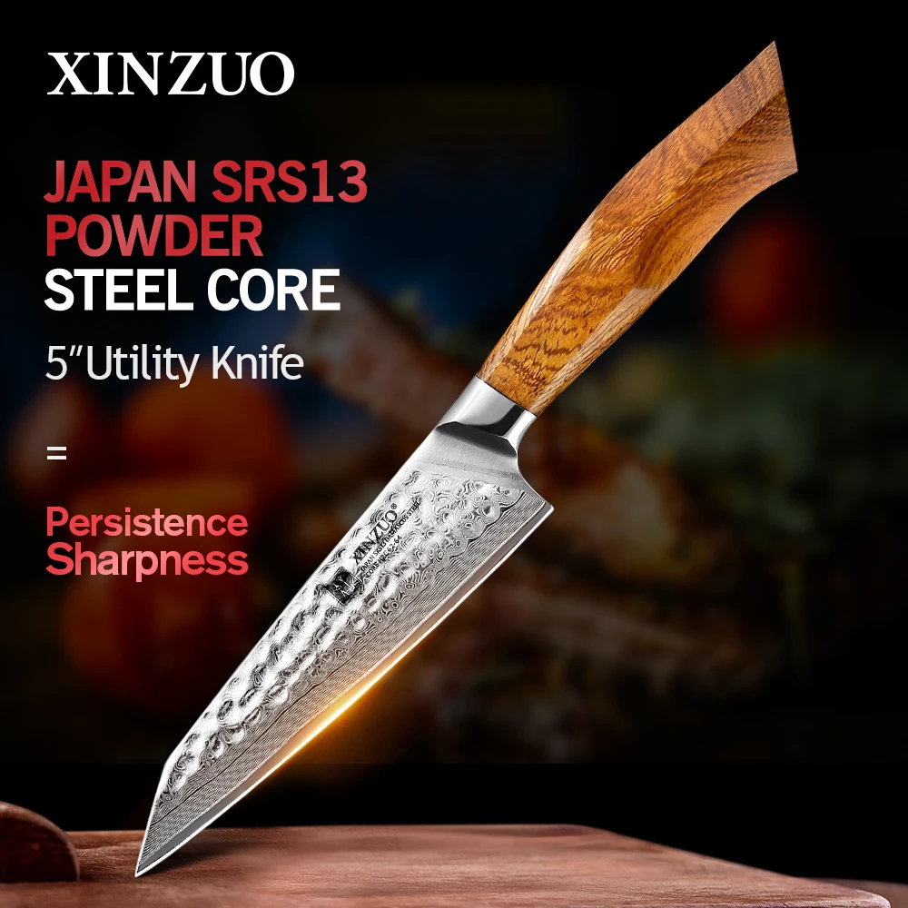 XINZUO 5'' Utility Knife Japan 49 Layers SRS13/R2/SG2 Damascus Steel Blade  Desert Ironwood Handle Exquisite Acacia Wood Gift Box