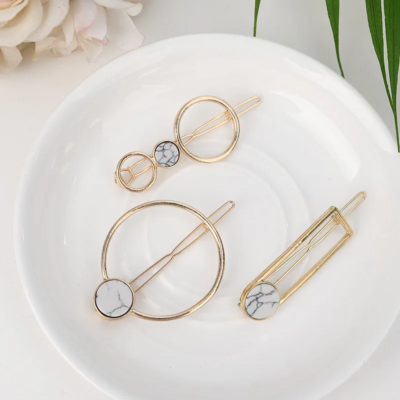

New Girls Metal Circle Square Hair Clips Natural Stone Hairpins Barrettes Vintage Geometric Hairgrips Hair Accessories