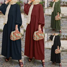 

Donsignet Muslim Fashion Dubai Abaya Turkey Muslim Dress New Middle East Muslim Solid Round Neck Lantern Sleeves Dress