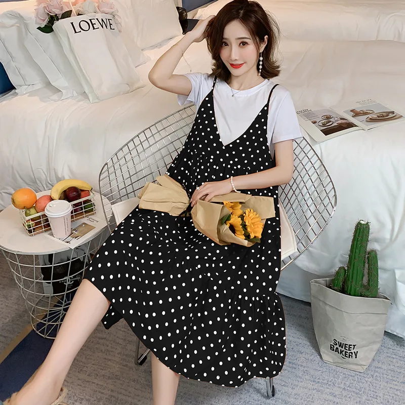 

2020 Spring And Summer New Products Pure Cotton White T + Camisole A- line Loose-Fit Slimming Pregnant Belly Polka Dot Maternity