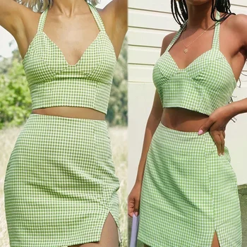 

2 Piece Set Women Hanging Neck V-Neck Sleeveless Vest + Mini Split Skirt Set Sexy Plaid Women's Summer Suit