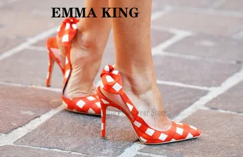 

EMMA KING 2018 Lace-up Pointed Toe Thin High Heels Plaid Stilettos Shoes Mature Women Party Wedding Butterfly-Knot Pumps