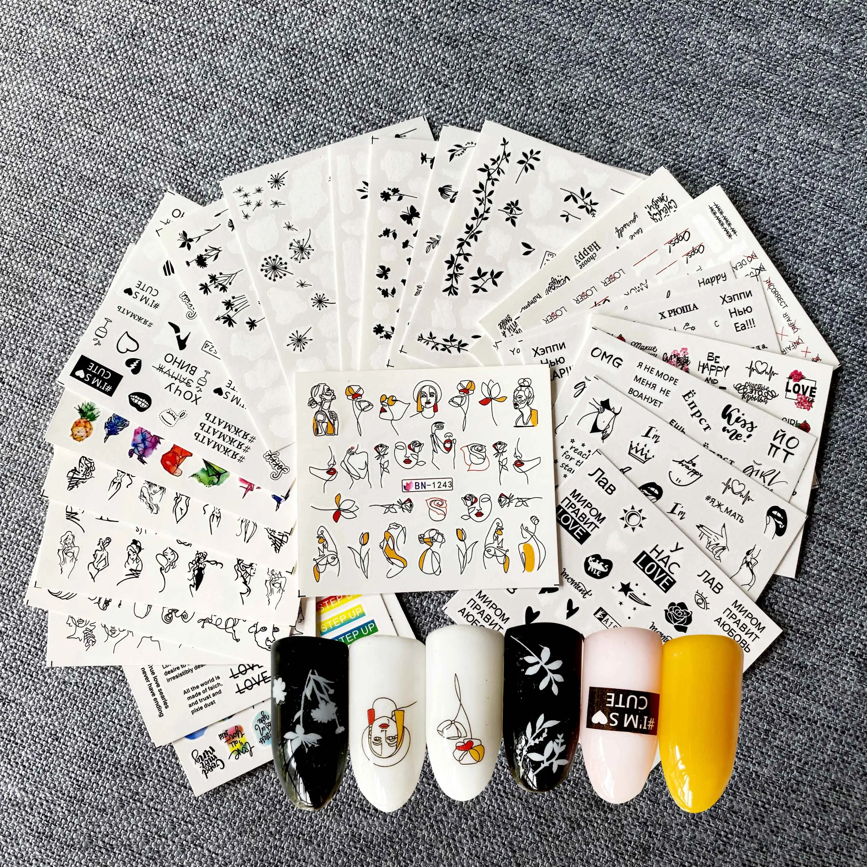 

1 Set Mixed Design Cool sexy girl Nail Art Sticker Russian Letter Word leaves Patterns Water Decal Slider Wraps Decor Manicure