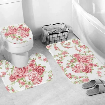 

Waterproof Bathroom Shower Curtain Bath Mat Toilet Rug Toilet Lid Cover Set Plant Printing Shower Curtain