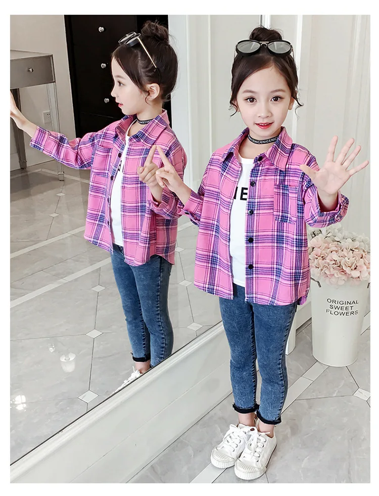 Клетчатая рубашка для девочек г. Осенняя одежда в Западном и корейском стиле стиль, модная детская одежда с длинными рукавами для маленьких девочек