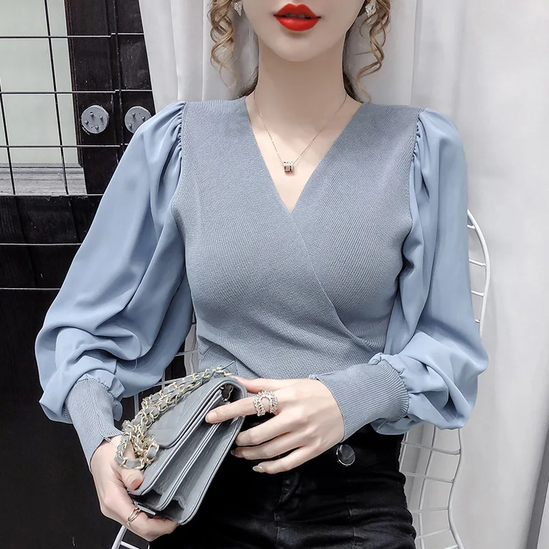 

Fall 2020 new Pullover V-neck bubble long sleeve stitching women sweater