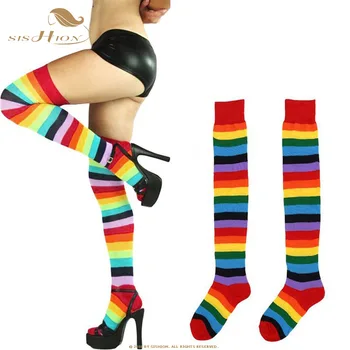 

SISHION Ladies Knee-Lenght Christmas Women Stockings QY0373 Cotton Thigh High Colorful Rainbow Striped Long Stockings